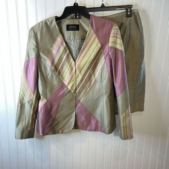 Vintage Dana Buchman Silk Blend Skirt Suit Womens Size 12 Tan Multicolor Office - Picture 1 of 9
